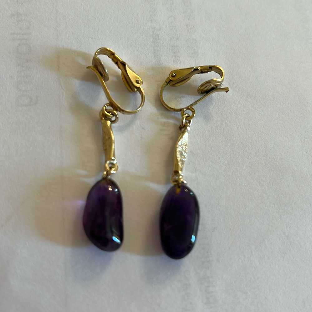 Wire hinge clip on earrings gold leaf dangle drop purple amethyst (?) stones